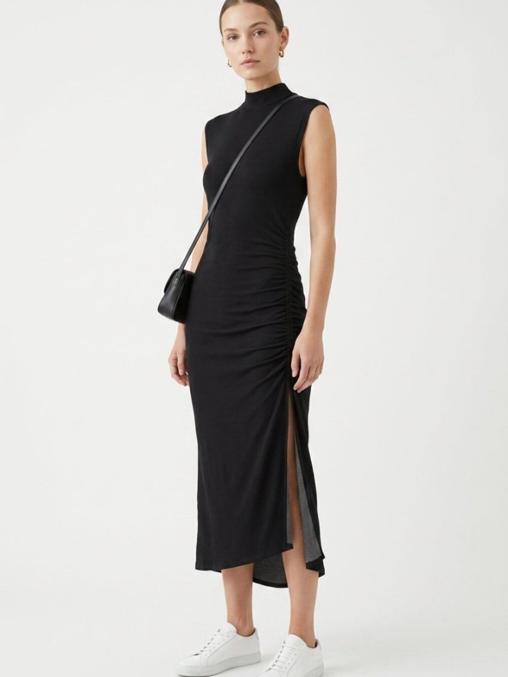 Daily Practice by Anthropologie Mock-Neck Ruched Midi Dress | Black | Size S